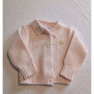 VTG Baby Acrylic Cardigan Sweater Pink Knit Chicks USA Made Cottage Prairie